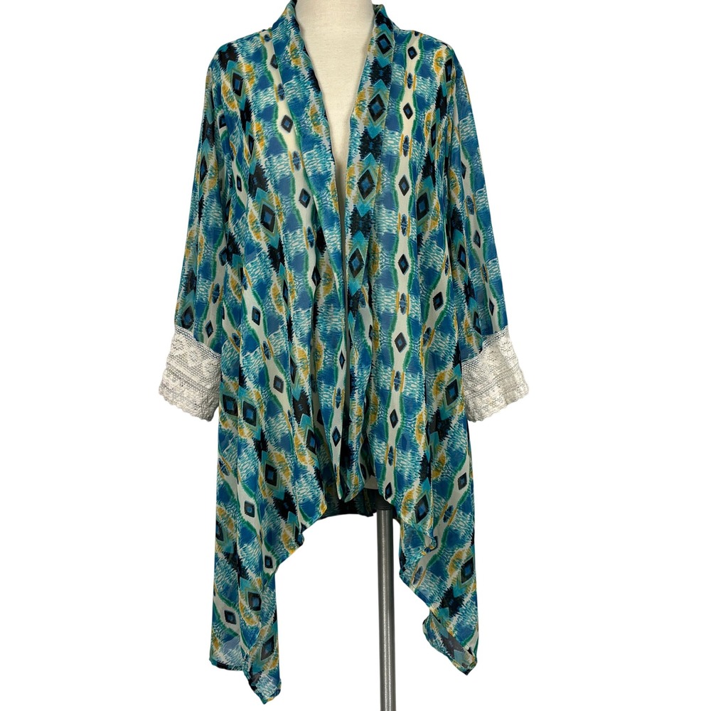 J Lee Blue Southwestern Aztec Print Kimono‎ Cardigan Lace Sleeve Boho XL - Picture 2 of 11